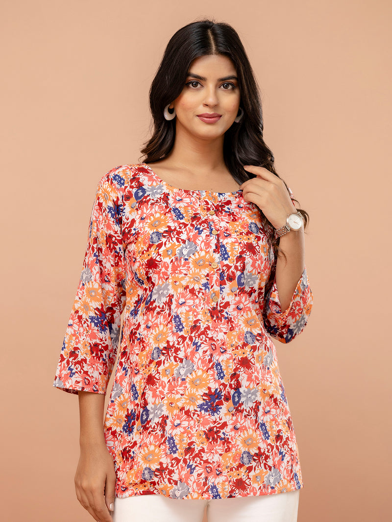 Chic Printed Short Kurti with Round Neck & 3/4 Sleeves