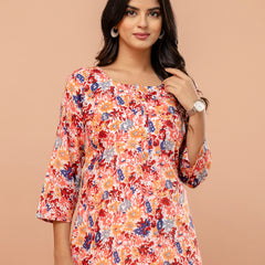 Chic Printed Short Kurti with Round Neck & 3/4 Sleeves