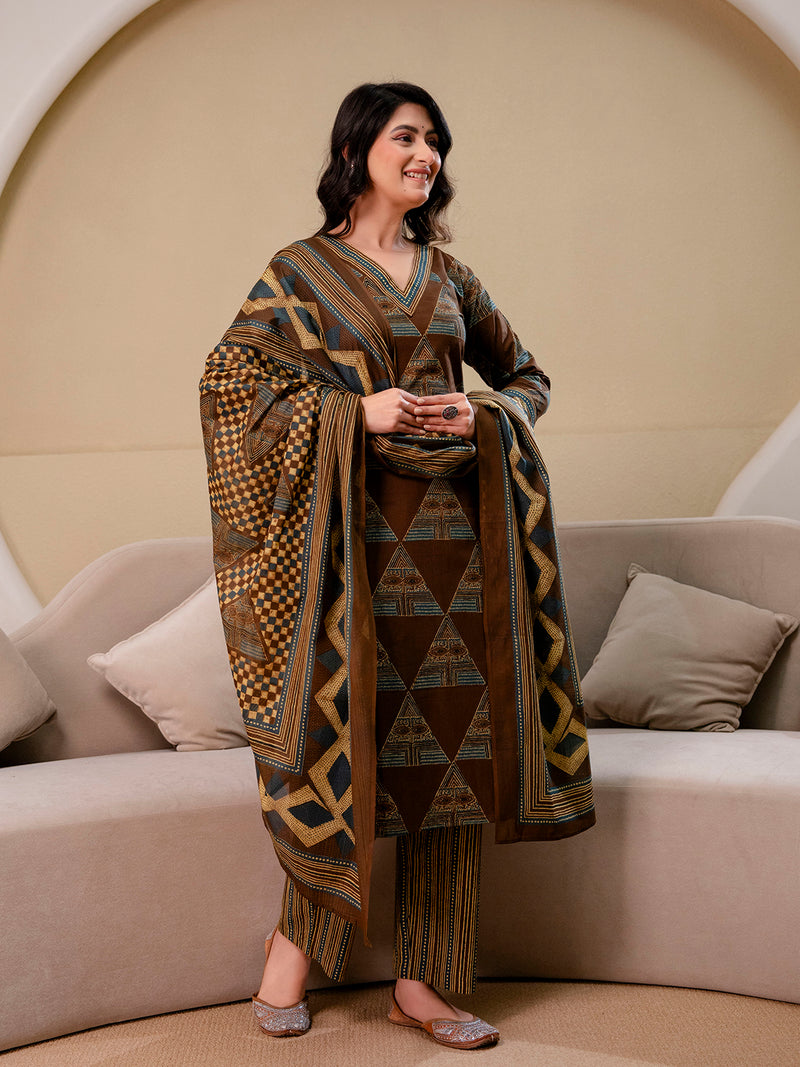 Bordered V-Neck 3-Piece Kurta Set with Ankle-Length Pants & Full-Length Dupatta (M–XXL)