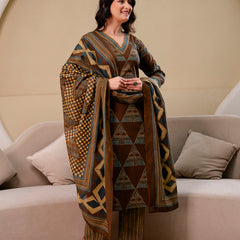 Bordered V-Neck 3-Piece Kurta Set with Ankle-Length Pants & Full-Length Dupatta (M–XXL)