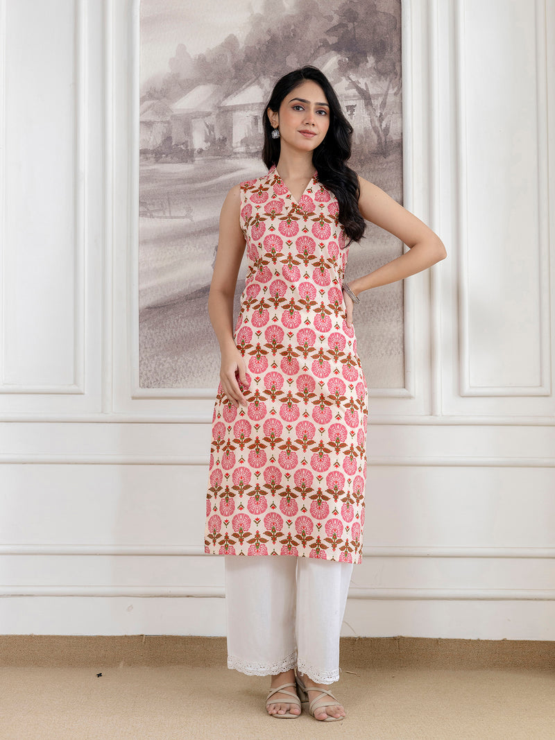 Elegant Sleeveless Cotton Printed Straight Kurta with Refined V-Neckline