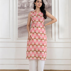 Elegant Sleeveless Cotton Printed Straight Kurta with Refined V-Neckline