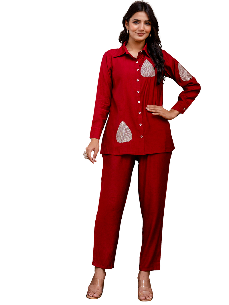Maroon Women's Embroidered Co-ord Set - Viscose Fabric Full Sleeve Shirt and Pant