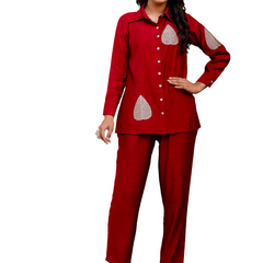 Maroon Women's Embroidered Co-ord Set - Viscose Fabric Full Sleeve Shirt and Pant