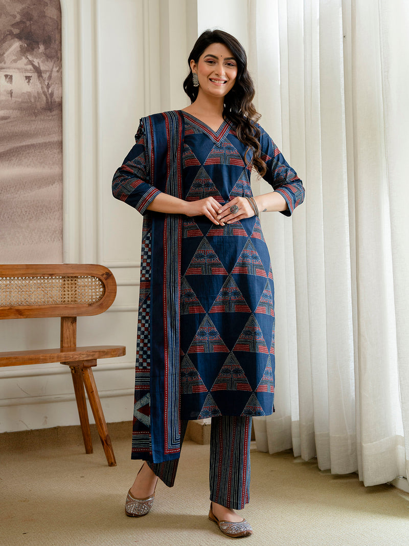 Bordered V-Neck 3-Piece Kurta Set with Ankle-Length Pants & Full-Length Dupatta (M–XXL)