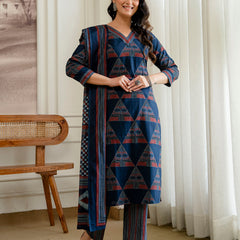 Bordered V-Neck 3-Piece Kurta Set with Ankle-Length Pants & Full-Length Dupatta (M–XXL)