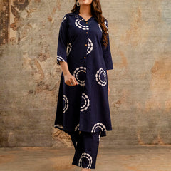 Blue Women’s Co-Ord Set–Printed Collared Kurta with 3/4 Sleeves & Elastic Waist Pants