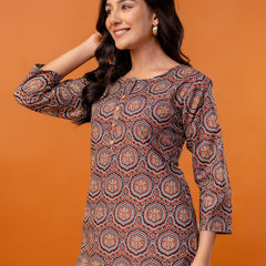 Chic Printed Short Kurti with Round Neck & 3/4 Sleeves