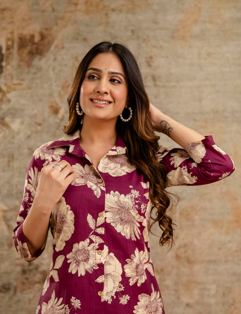 Purple Women’s Co-Ord Set–Printed Collared Kurta with 3/4 Sleeves & Elastic Waist Pants