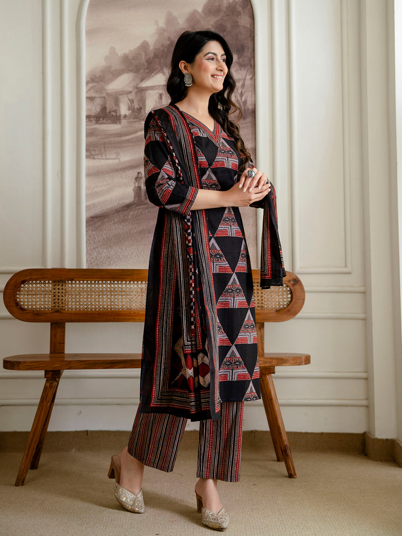 Bordered V-Neck 3-Piece Kurta Set with Ankle-Length Pants & Full-Length Dupatta (M–XXL)