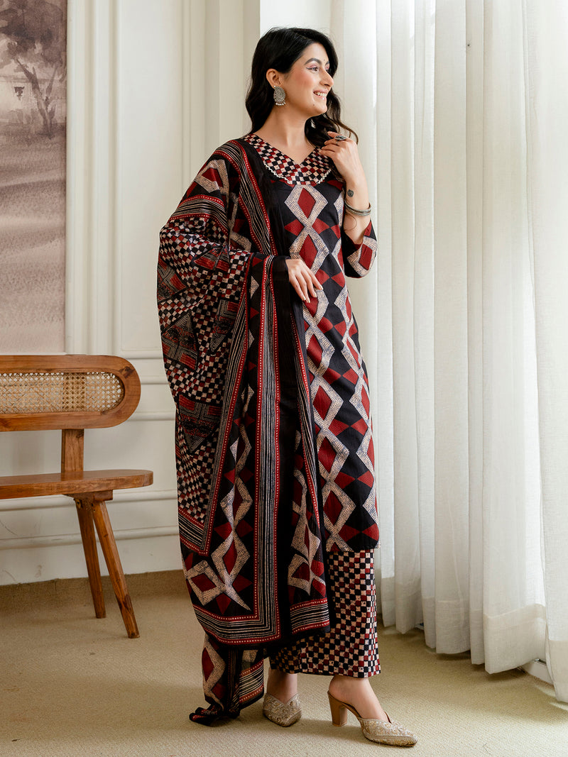 Bordered V-Neck 3-Piece Kurta Set with Ankle-Length Pants & Full-Length Dupatta (M–XXL)