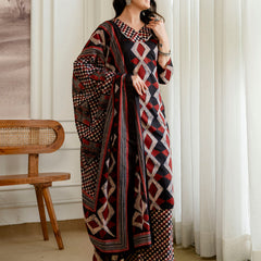 Bordered V-Neck 3-Piece Kurta Set with Ankle-Length Pants & Full-Length Dupatta (M–XXL)