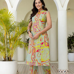 Luxury Mandarin Collar Printed Co-Ord Set with Button Detail A-Line Kurta & Comfort Fit Pants
