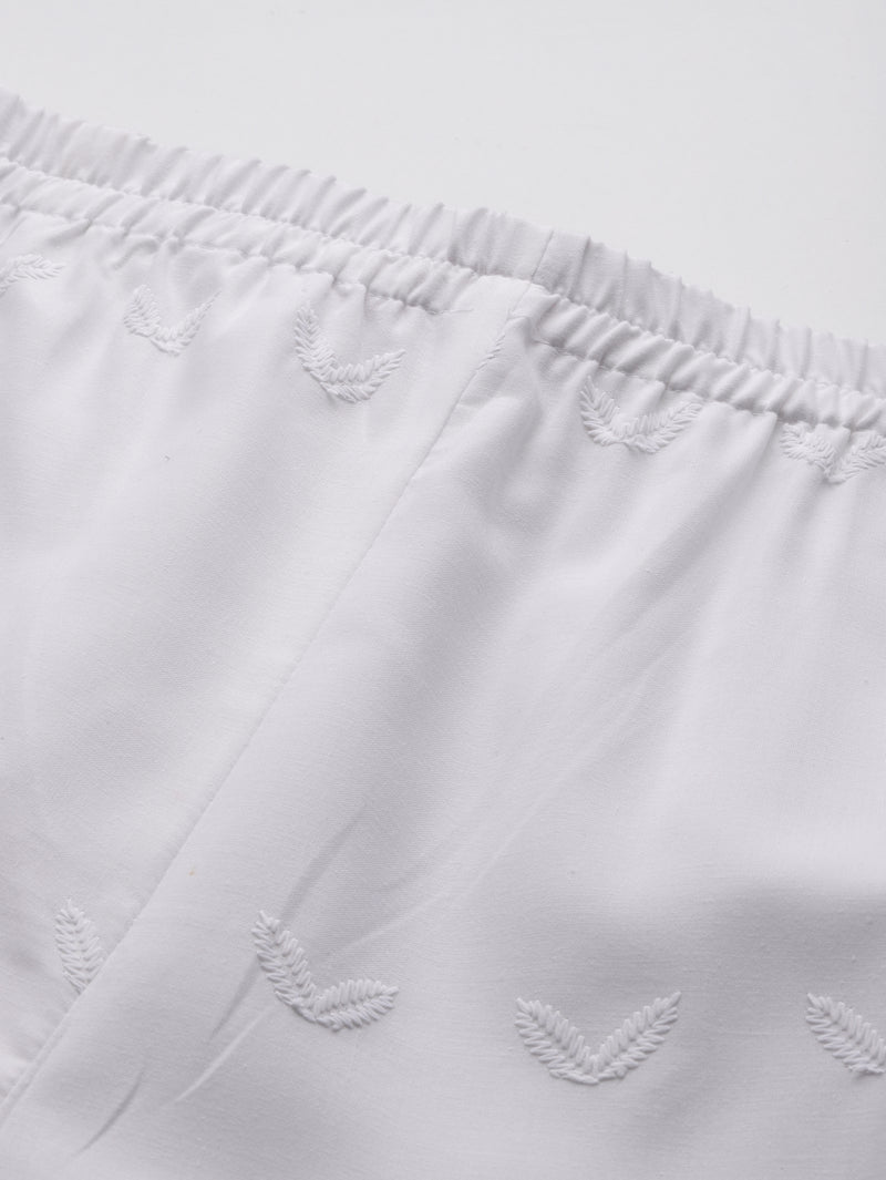 White Embroidered Palazzos–Fully Lined, Elastic Waist & Ankle-Length with Side Pocket