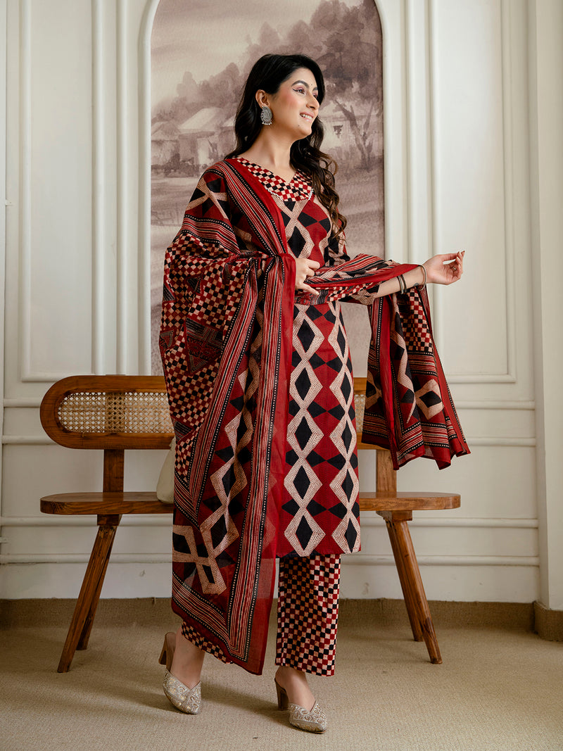 Bordered V-Neck 3-Piece Kurta Set with Ankle-Length Pants & Full-Length Dupatta (M–XXL)