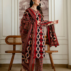 Bordered V-Neck 3-Piece Kurta Set with Ankle-Length Pants & Full-Length Dupatta (M–XXL)