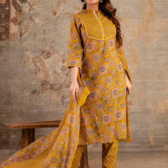 Pure Cotton Mustard Printed 3-Piece Kurta Set with Dupatta