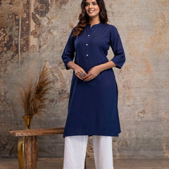 Women’s Solid Long Kurti with Mandarin Collar, 3/4 Sleeves & Pocket | Plain Elegant Cotton Kurta for Daily & Office Wear