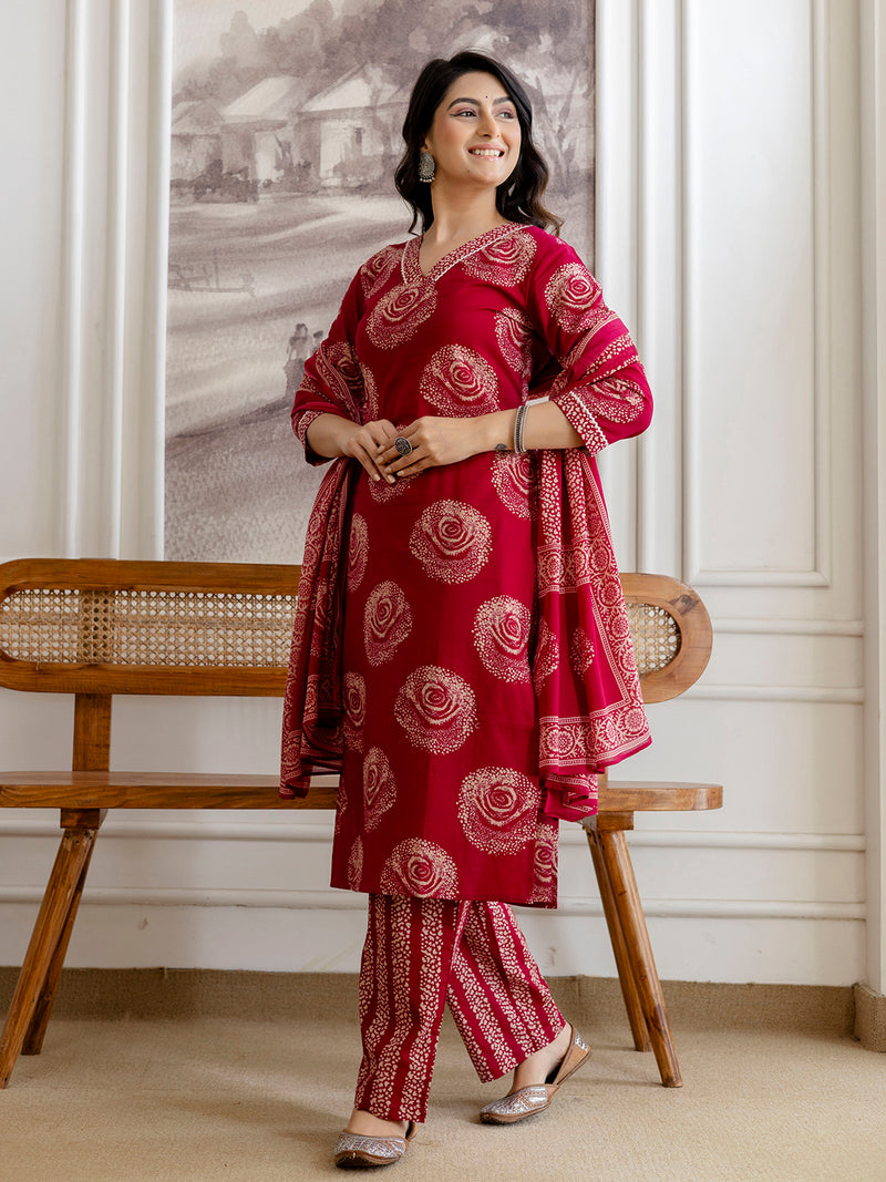 Bordered V-Neck 3-Piece Kurta Set with Ankle-Length Pants & Full-Length Dupatta (M–XXL)