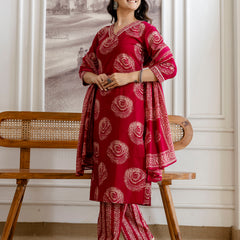 Bordered V-Neck 3-Piece Kurta Set with Ankle-Length Pants & Full-Length Dupatta (M–XXL)