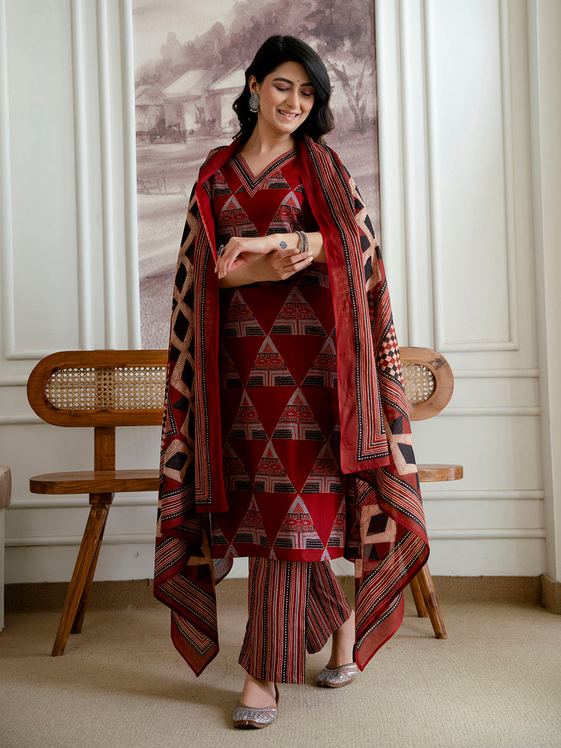 Bordered V-Neck 3-Piece Kurta Set with Ankle-Length Pants & Full-Length Dupatta (M–XXL)