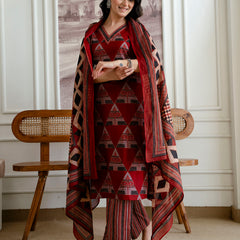 Bordered V-Neck 3-Piece Kurta Set with Ankle-Length Pants & Full-Length Dupatta (M–XXL)