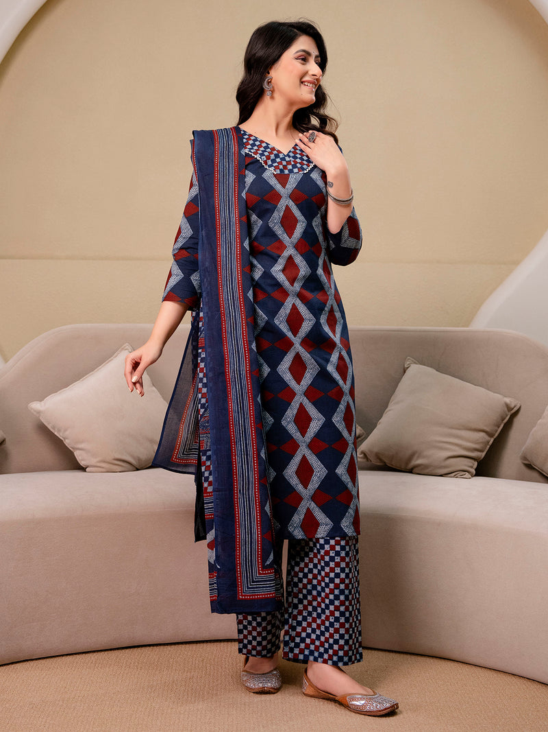 Bordered V-Neck 3-Piece Kurta Set with Ankle-Length Pants & Full-Length Dupatta (M–XXL)