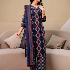 Bordered V-Neck 3-Piece Kurta Set with Ankle-Length Pants & Full-Length Dupatta (M–XXL)