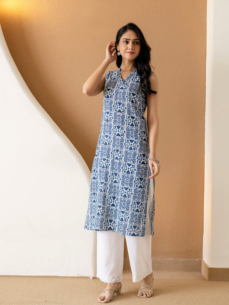 Elegant Sleeveless Cotton Printed Straight Kurta with Refined V-Neckline