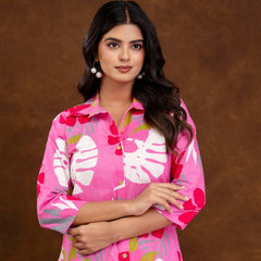 Pink Women’s Co-Ord Set–Printed Collared Kurta with 3/4 Sleeves & Elastic Waist Pants