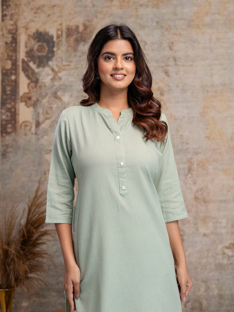 Women’s Solid Long Kurti with Mandarin Collar, 3/4 Sleeves & Pocket | Plain Elegant Cotton Kurta for Daily & Office Wear
