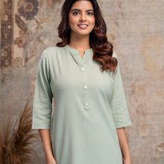 Women’s Solid Long Kurti with Mandarin Collar, 3/4 Sleeves & Pocket | Plain Elegant Cotton Kurta for Daily & Office Wear