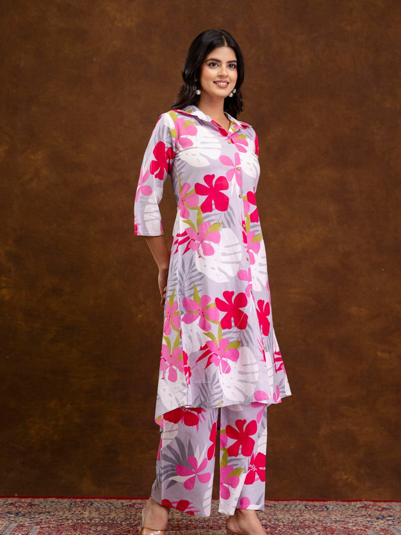 Grey Women’s Co-Ord Set–Printed Collared Kurta with 3/4 Sleeves & Elastic Waist Pants