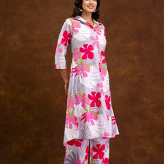 Grey Women’s Co-Ord Set–Printed Collared Kurta with 3/4 Sleeves & Elastic Waist Pants