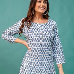 Chic Printed Short Kurti with Round Neck & 3/4 Sleeves