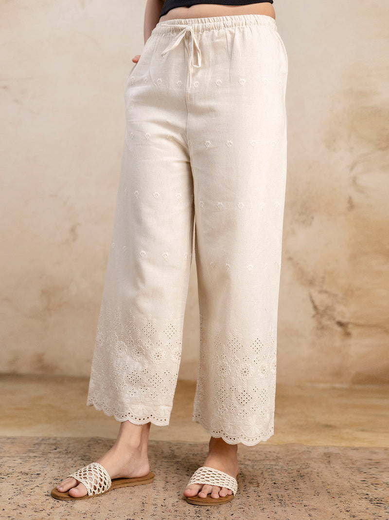 Women’s Cotton Embroidered Wide-Leg Palazzos | Soft, Breathable & Elegant