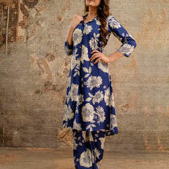 Blue Women’s Co-Ord Set–Printed Collared Kurta with 3/4 Sleeves & Elastic Waist Pants