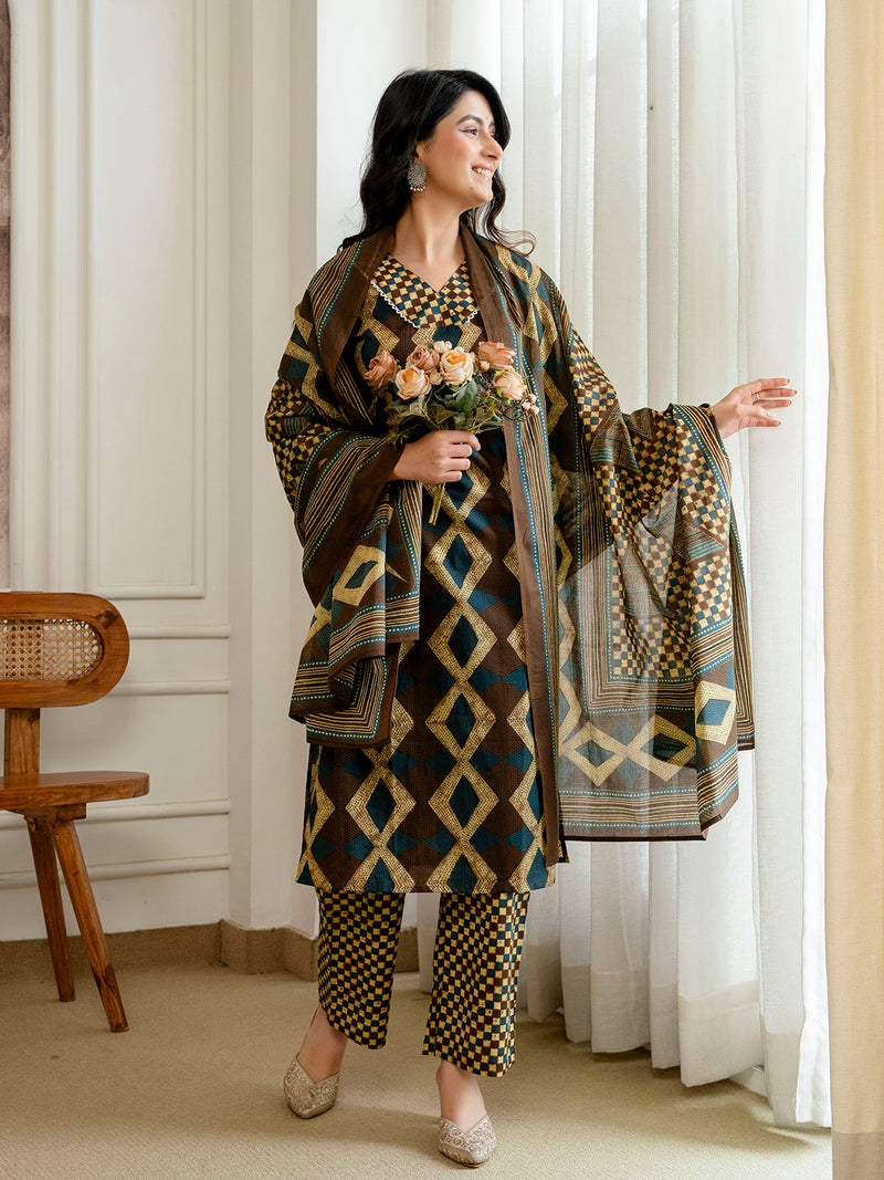 Bordered V-Neck 3-Piece Kurta Set with Ankle-Length Pants & Full-Length Dupatta (M–XXL)