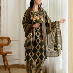 Bordered V-Neck 3-Piece Kurta Set with Ankle-Length Pants & Full-Length Dupatta (M–XXL)