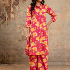 Red Women’s Co-Ord Set–Printed Collared Kurta with 3/4 Sleeves & Elastic Waist Pants