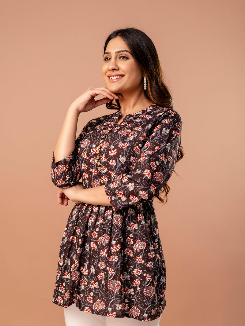 Top – Mandarin Collar, 3/4 Sleeves, Flattering Fit (Sizes S–XXL)