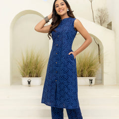 Luxury Mandarin Collar Printed Co-Ord Set with Button Detail A-Line Kurta & Comfort Fit Pants
