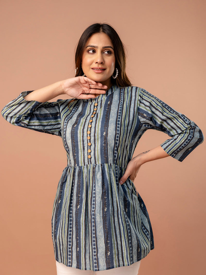 Top – Mandarin Collar, 3/4 Sleeves, Flattering Fit (Sizes S–XXL)