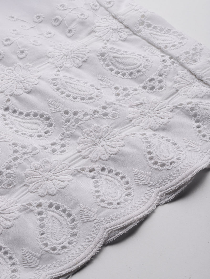 White Embroidered Palazzos–Fully Lined, Elastic Waist & Ankle-Length with Side Pocket