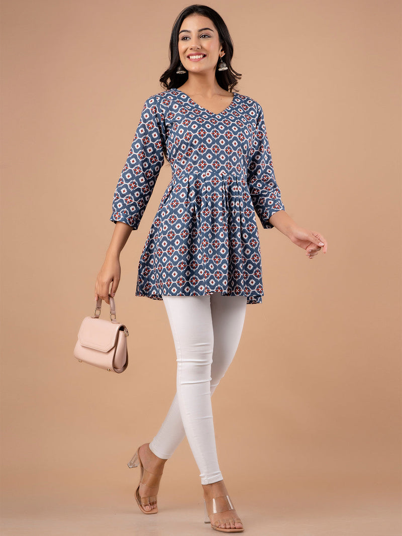 Printed Cotton Grey Peplum Tunic