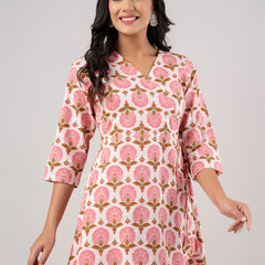 Cotton Printed Ethnic Motifs Pink Angrakha Short Tunic