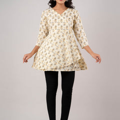 Cotton Printed Yellow Angrakha Short Tunic