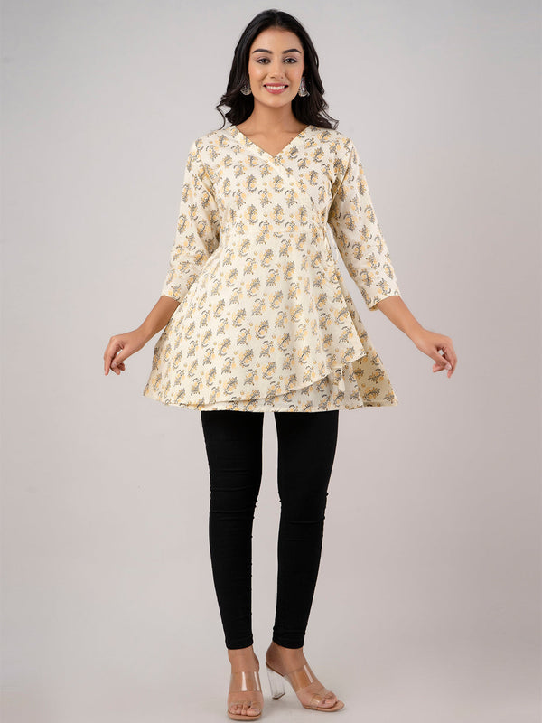 Cotton Printed Yellow Angrakha Short Tunic