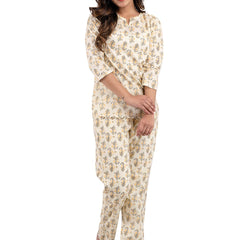 White Printed Cotton Night Suit with V-Neck Kurti & Ankle-Length Pants