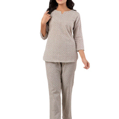 Green Printed Cotton Night Suit with V-Neck Kurti & Ankle-Length Pants